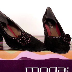 Moda Spana Candy Black Suede Pink Flower Pumps Women's Shoes Size 7 1/2